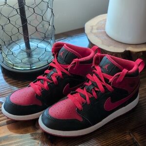 Boys Jordan 1 Mid Black and Red, Size 2.5Y